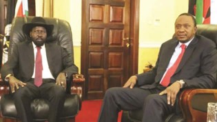 South Sudan’s President Salva Kiir meets Kenyan President Uhuru Kenyatta in Juba on Thursday. — Reuters