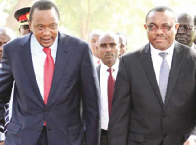 Kenyan President Uhuru Kenyatta (left), and Ethiopian Prime Minister Hailemariam Desalegn. — AP