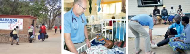 Patients and their relatives arrive at Karanda Hospital (left) while Dr Stephens monitors a hydrocephalus patient and gives a touch to a visiting patient (right)
