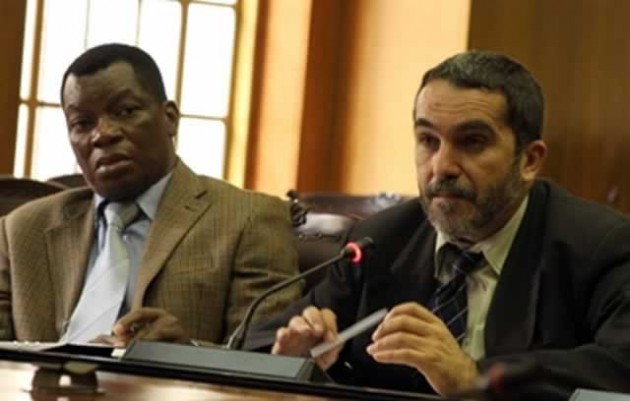 Deputy Attorney-General responsible for Legislative Drafting Mr Nelson Dias (right) and Deputy Attorney-General responsible for Legal Advice Mr Kumbirai Hodzi appear before the Justice, Legal and Parliamentary Affairs portfolio committee in Harare yesterday — Picture by Tawanda Mudimu