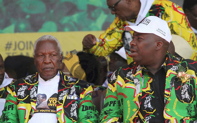 dr Sekeramayi (left) seated with Cde Saviour Kasukuwere as they follow proceedings at the Midlands Presidential Youth Interface Rally at Mkoba in Gweru on September 1, 2017.
