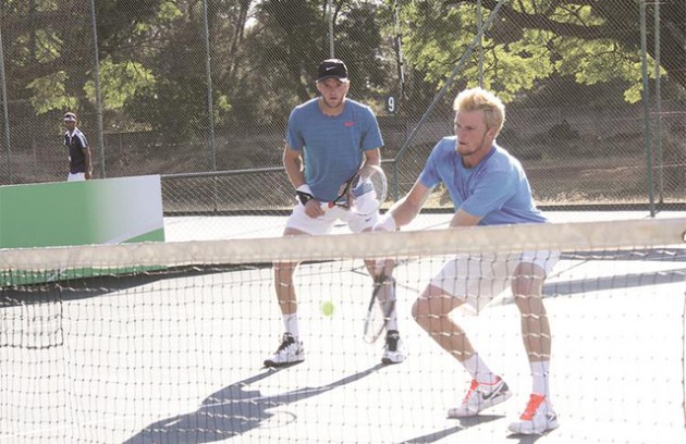 EYES ON THE BALL . . . The Lock brothers Benjamin (left) and Courtney remained on course in the doubles of the ongoing Old Mutual ITF Futures Series when they won their first match yesterday at Harare Sports Club