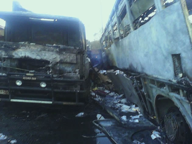 This collage shows thick smoke billowing from three Zimbabwean buses and two lorries that went up in smoke in the Newton area of Johannesburg, South Africa, yesterday as people watched helplessly. Far right are shells of two burnt buses