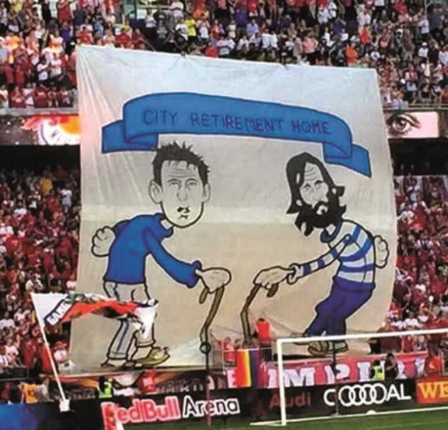 RETIREMENT HOME . . . Rival fans mocked Frank Lampard and Andrea Pirlo, with a huge banner during a New York derby showdown in Major League Soccer in the United States, on a day in which violent disturbances also rocked the Big Apple as hooligans ran amok. — Mailonline