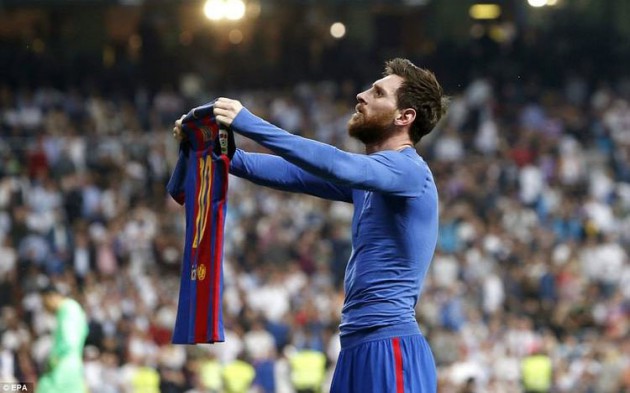 CAN’T TOUCH THIS . . . Lionel Messi was booked for removing his shirt and showing it to the Real Madrid fans after his brilliant match-winner for Barcelona in the El Clasico on Sunday