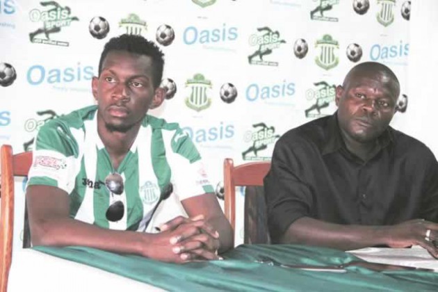 FOR THE GREEN ARMY . . . CAPS United coach Lloyd Chitembwe (right) and his Equatorial Guinea import Antonion Fugo address journalists in Harare yesterday ahead of their league match against Triangle at the National Sports Stadium on Sunday