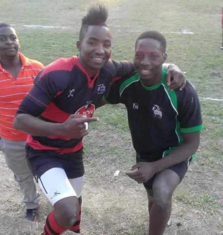 MSC’s wing, Brighton Matiyashe (left) with an Old Johanians player after the match last Saturday