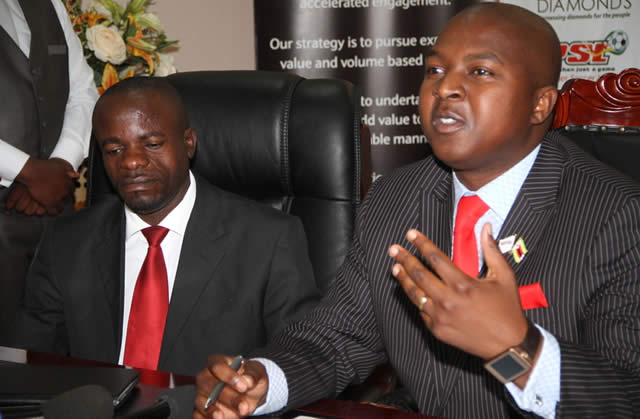 DIAMONDS ARE FOREVER . . . Mbada Diamonds corporate services executive George Manyaya (right) addresses a media conference in Harare yesterday while flanked by PSL competitions manager Elisha Mandireva at a function where the 2014 Mbada Diamonds Cup was launched