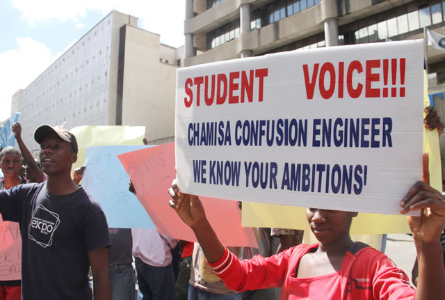 MDC youths demonstrate at party headquarters against internal party violence at Harvest house in Harare