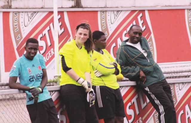 NEW KID ON THE BLOCK . . . Mighty Warriors rookie goalkeeper Selby Spencer (second from left) relaxes with her teammates Lindiwe Magwede (left), Amanda Banda and goalkeepers’ coach Ndega Matsika during yesterday’s session at Rufaro