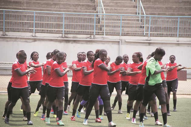 GETTING READY . . . Mighty Warriors players go through their paces yesterday at Rufaro Stadium in preparation for their match against Cameroon in the Olympic Games last round qualifiers