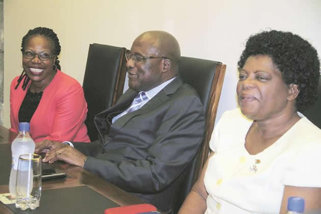 Information, Media and Broadcasting Services Minister Dr Christopher Mushohwe (centre) flanked by his deputy Thokozile Mathuthu (right) and Sharon Samushonga, managing director of Daily News, during the minister’s familiarisation tour of privately-owned media houses yesterday. — (Picture by Beauty Muchakazi)