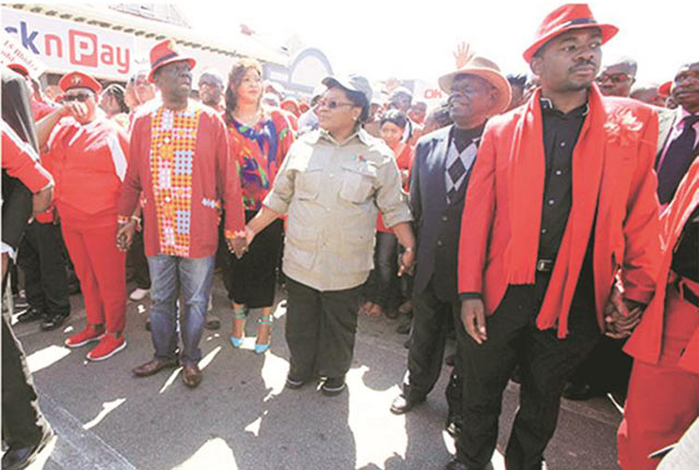 BIRDS OF A FEATHER . . . MDC-T leader Morgan Tsvangirai joins hands with his Zimbabwe People First counterpart Joice Mujuru during Saturday’s anti-government protest in Gweru, where they announced their decision to form a united front to contest the 2018 harmonised elections
