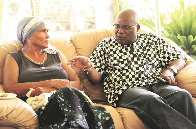 Information, Media and Broadcasting Services MInister Dr Chris Mushohwe consoles Mrs Jane Georgias at the Georgias’ home in Harare yesterday. - Picture by Munyaradza Chamalimba