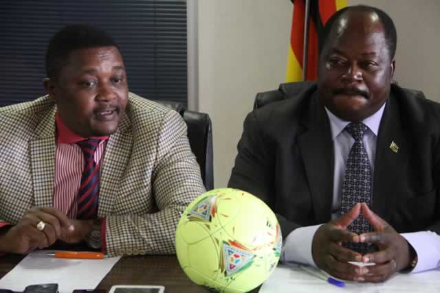 WE CAN DO IT . . . Tourism and Hospitality Industry Minister Walter Mzembi (left) addresses the media in the company of his Sport, Arts and Culture counterpart Andrew Langa in Harare yesterday where they announced that their bid to host the 2017 Nations Cup finals had secured President Mugabe’s approval