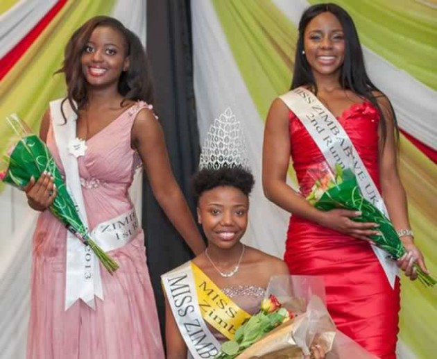 Miss Zimbabwe-UK 2013 Varaidzo Mabvudzi (seated) is flanked by first princess Monalisa Sibanda (left) and second princess Ella Matilda Bvumbe