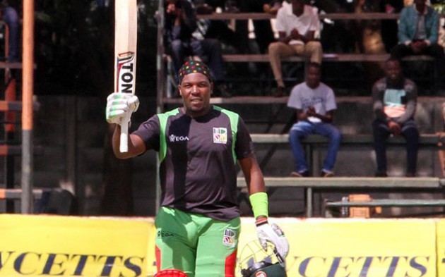 CENTURY MAN . . . Zimbabwe A batsman Hamilton Masakadza raises his bat after reaching his ton at Harare Sports Club yesterday