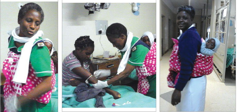 This picture collage shows Sister Charity Matambo (50) of Chinhoyi General Hospital with a patient’s child strapped to her back, Sister Matambo attending to a patient with the baby on her back and a colleague comforting a baby while its mother is undergoing surgery. — (Pictures by Roselyne Sachiti)