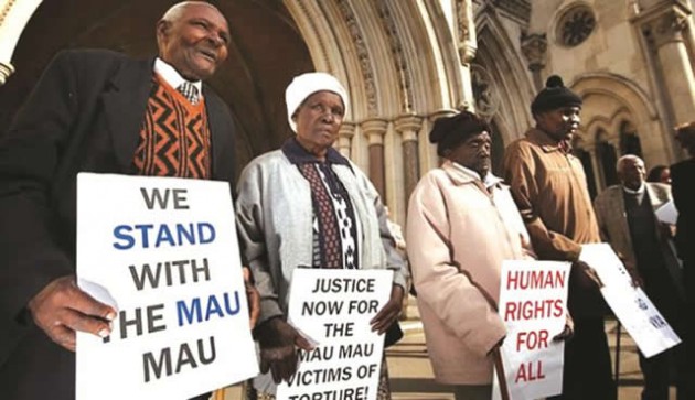 Some of the Mau Mau veterans who were brutalised by British settler regimes in Kenya  picket for justice