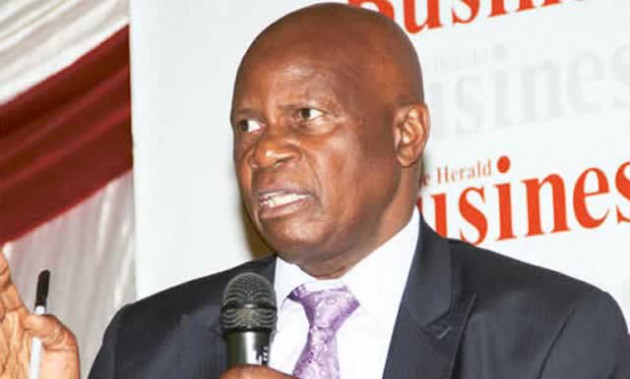 Finance and Economic Development Minister Patrick Chinamasa addresses participants at a Herald Business-organised breakfast meeting in Harare yesterday