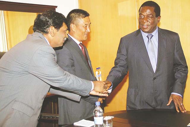 Acting President Emmerson Mnangagwa (right) meets Indian Ambassador to Zimbabwe Rungsung Masakui (centre) and his embassy’s second secretary Samykannu Rajendran who paid a courtesy call at his offices in Harare yesterday.