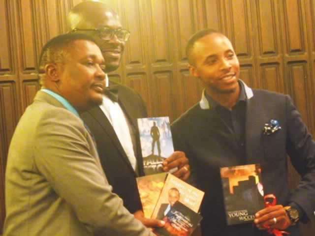Minister Mzembi (left) poses with writer Rabison Shumba (centre) and Charles Mungoshi Jnr