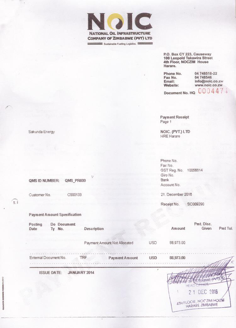 Contrary to reports that fuel imported and used in Command Agriculture did not pay duty, documents above show transfer of fuel from national Oil Infrastructure Company of Zimbabwe (NOIC) to Sakunda Holdings, an invoice of duty charged and proof of payment