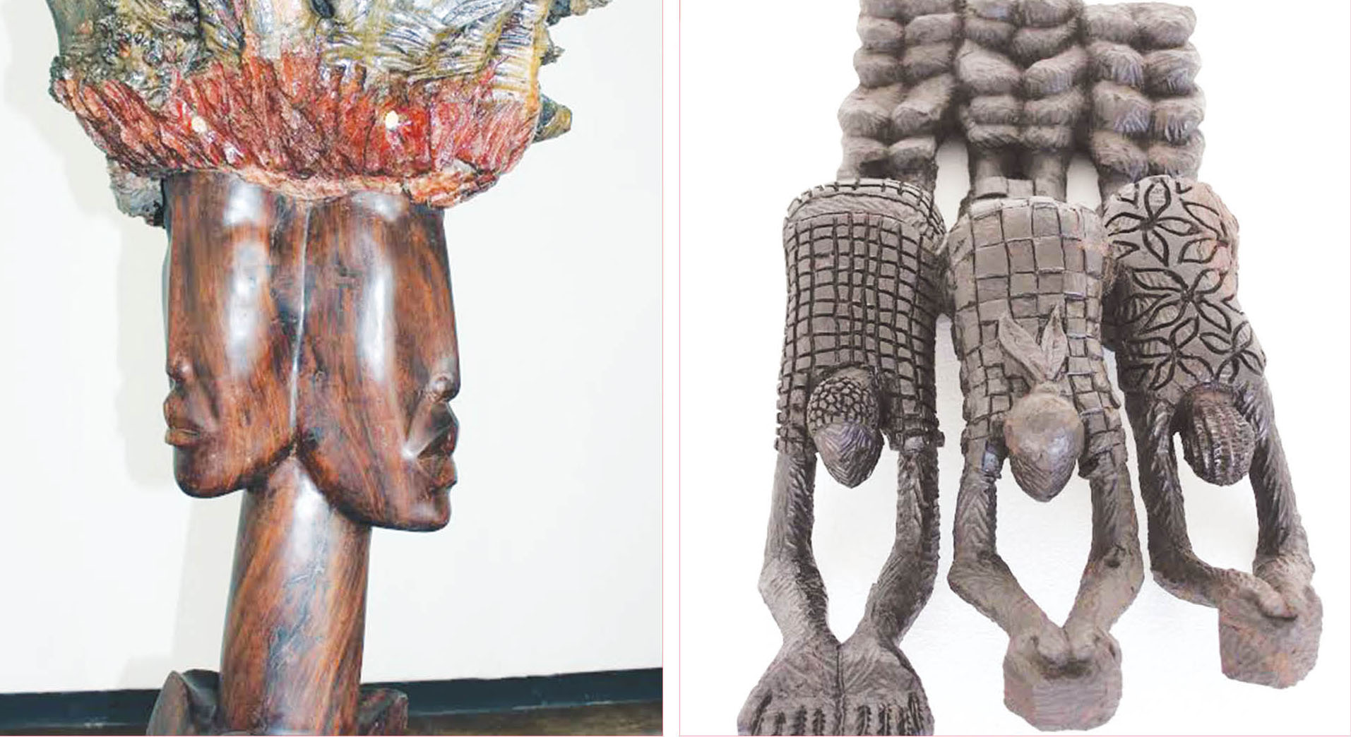Two of Ndudzo’s artwork’s “Ladies with a Wig” (above) and “Worshippers” (right). “The elongated form is an extension of my imagination and visual expression,” says Ndudzo