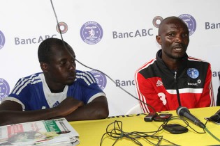 FACING THE MEDIA . . . Dynamos coach Callisto Pasuwa (right) addresses journalists, flanked by his skipper Tawanda Muparati, at the National Sports Stadium on Saturday evening after the dull goalless Champions League draw against AS Vita of DRC.