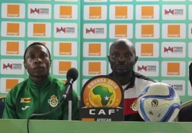 NO RETREAT, NO SURRENDER . . . Warriors coach Callisto Pasuwa (right) and his captain Hardlife Zvirekwi address the media in Rubavu, Rwanda, yesterday ahead of Zimbabwe’s make-or-break 2016 CHAN Group D showdown against Mali today