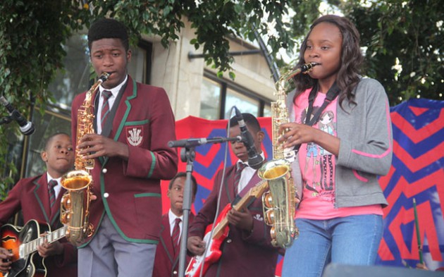 A trumpeter performs with Prince Edward Jazz Band at the Hifa OK Zimbabwe First Street platform yesterday