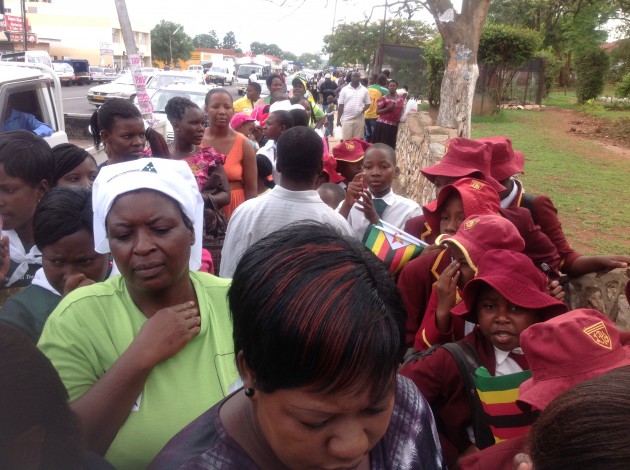 People queue to enter the Chinhoyi Municipality Park where President Mugabe planted a tree and toured some of the exhibition stands to mark National Tree Planting Day(pic by Lloyd Gumbo)