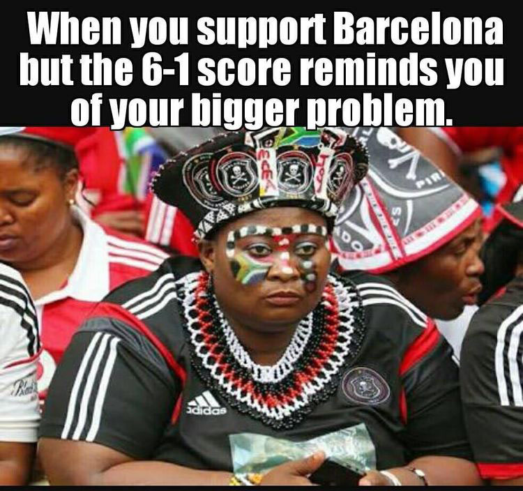 WHAT A CRAZY WORLD . . . Kaizer Chiefs and Mamelodi Sundowns’ fans have been using Barcelona’s six-goal thrashing of PSG to remind Orlando Pirates fans of their team’s six-goal mauling at the hands of SuperSport United and the Brazilians this season