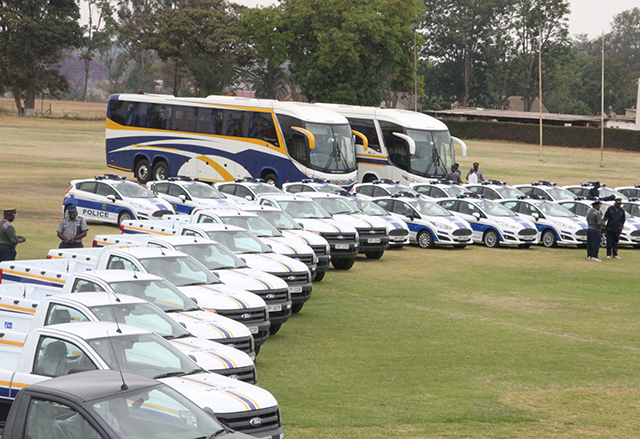 Some of the ZRP operational vehicles which were commisioned by Minister of home affairs Dr Ignatius Chombo in Harare yesterday.(Picture by Innocent Makawa)