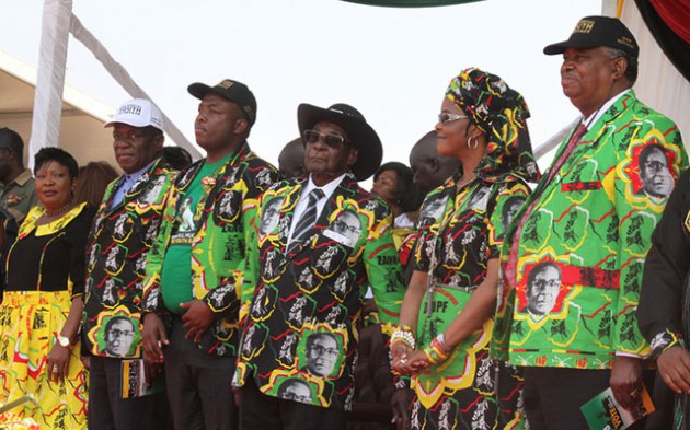 President Mugabe and First Lady Amai Grace Mugabe prepare to sing the National Anthem while flanked by Vice President Emmerson Mnangagwa, his wife Auxillia, Vice President Phelekezela Mphoko and zanu-pf Youth League secretary Cde Kudzi Chipanga (third from left) at the Midlands Youth Interface Rally yesterday. — (All pictures by Tawanda Mudimu)