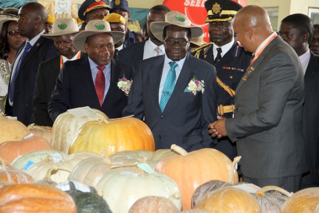 President Mugabe and his Mozambican counterpart Filipe Nyusi tour stands at Harare Agricultural Show in Harare.-Pic by Tawanda Mudimu