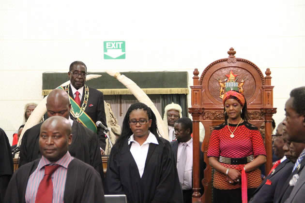 President Mugabe flanked by First Lady amai Grace Mugabe before addressing parliament