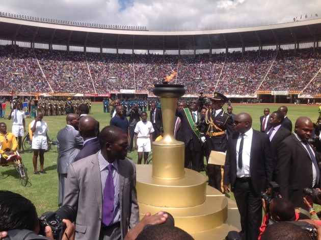 President Mugabe lights the Independence flame (pic by Lloyd Gumbo)