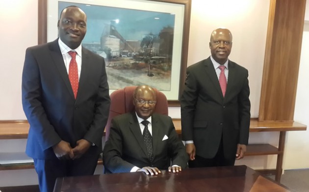The new team at RioZim tasked with turning around the company. Chairman Mr Lovemore Chiota (seated), new CEO Mr Noah Matimba (right) and CFO Mr Bheki Nkomo (left)