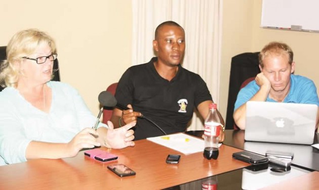 SETTING THE RECORD STRAIGHT . . . Zimbabwe Rugby Union officials (from left) vice president Colleen de Jong, general manager Sifiso Made and marketing and media consultant David Crouch address the media in Harare yesterday.- pic by Prudence Mpofu-presser