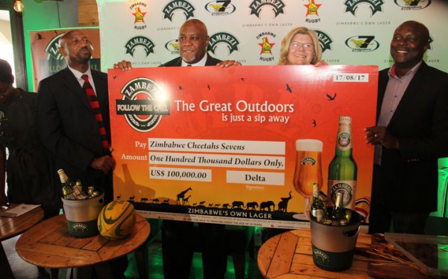 WHAT A WINDFALL . . . Zimbabwe Olympic Committee president Admire Masenda (left), Zimbabwe Rugby Union chief executive Blessing Chiutare, Zimbabwe Cheetahs chairperson Colleen de Jong and Delta Corporation sales and marketing executive Stanley Muchenje unveil the $100 000 sponsorship package in Harare yesterday