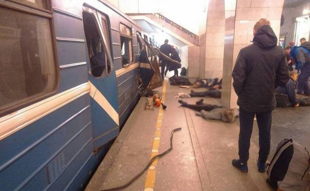 A scene from the explosion in a metro station in St Petersburg, Russia, yesterday