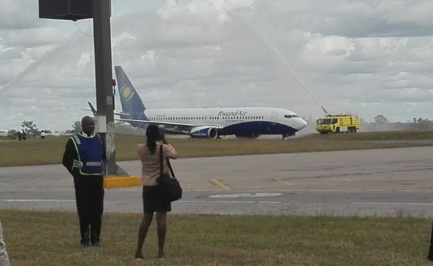 RwandAir receives the water cannon salute soon after landing at Harare International Airport yesterday