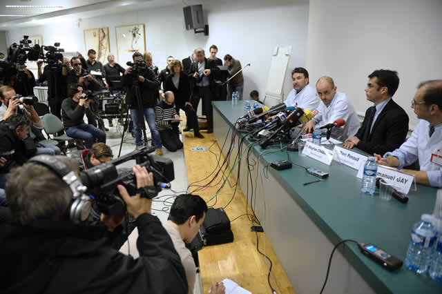 Neurosurgeons and staff members of the Centre Hospitalier Universitaire hospital of Grenoble give a press conference on December 30, 2013 as the retired seven-time Formula One champion, Michael Schumacher, was still in "critical condition" after suffering severe brain trauma in a skiing accident in the French Alps. Doctors at the hospital where Schumacher is being treated added it was still too early to make a prognosis. – AFP.