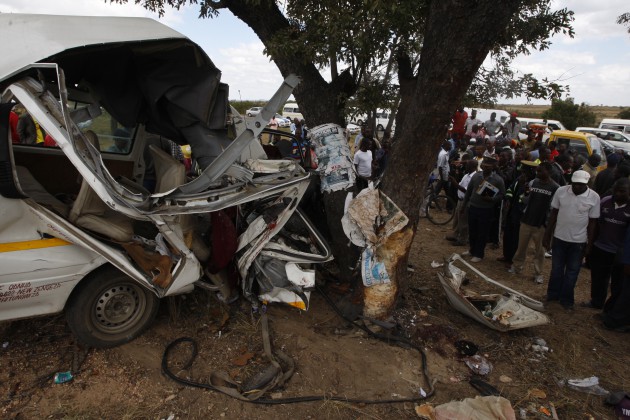 Ten people were killed when this Chitungwiza-bound commuter omnibus rammed a tree along Seke Road. Seven people died on the spot, while three others died on admission at Chitungwiza Central Hospital and Parirenyatwa Group of Hospitals yesterday morning. — (Picture by Regis Nyandima)