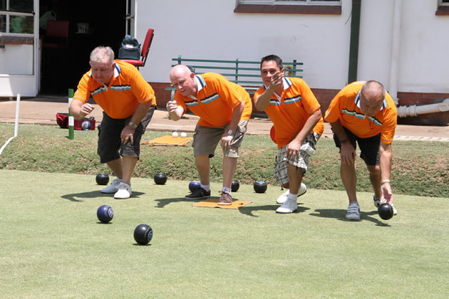 THAI WARRIORS . . . Visiting Thailand bowlers (from left) Darryl Huppatz, Ian Kellion, Ian Mickissock and Brian Walker fine-tune themselves at City Bowling Club yesterday ahead of the Zimbabwe October 5s Bowls Tournament which gets underway tomorrow at the same venue in Harare. — Picture by Tawanda Mudimu