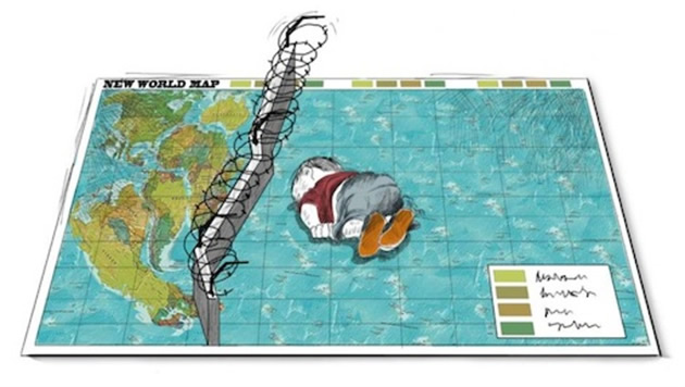 The Jordanian cartoonist Rafat Alkhateeb drew an image of Aylan Kurdi’s body lying on the other side of a barbed wire fence that separates him from the continents of the world