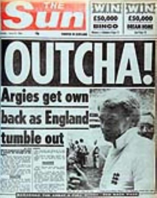 THIRTY YEARS AGO . . . The front page of The Sun newspaper a day after England were knocked out by Maradona’s ‘Hand of God’ goal