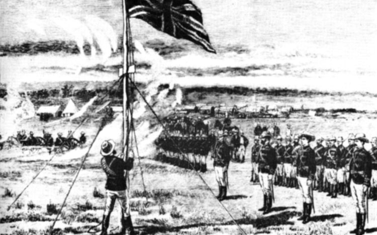Members of the Pioneer Column hoist the Union Jack at Fort Salisbury in September 1890 to mark the beginning of nearly a century of colonial subjugation and oppression of Zimbabweans