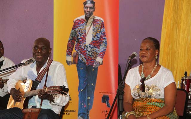 HUSBAND AND WIFE AFFAIR . . . Oliver Mtukudzi and wife Daisy serenade guests with one of their duets at the launch of “Eheka! Nhai Yahwe”at Pakare Paye Arts Centre last week